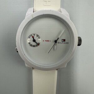 Tommy Hilfiger Watch Men White Dual Time Dial Silicone Band New Battery 10 Inch